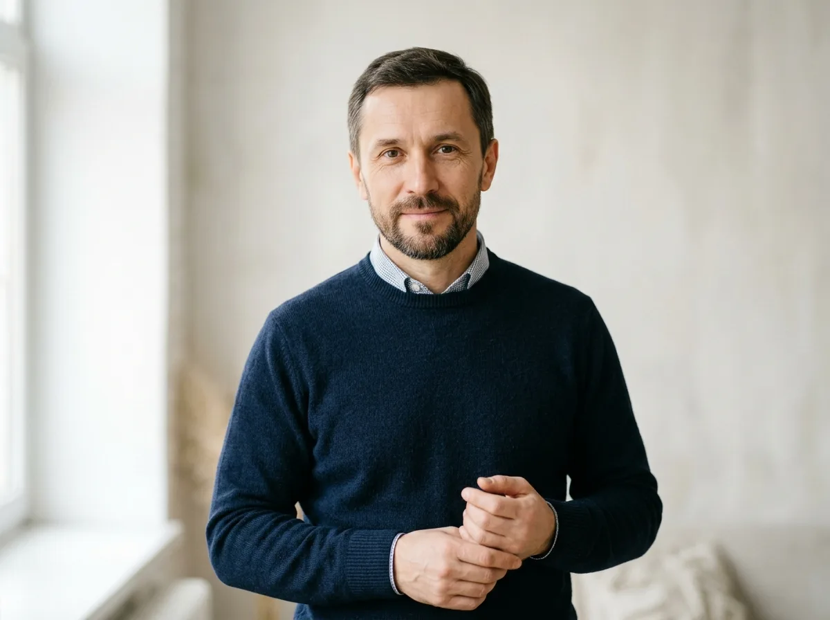 Портрет мужчины по имени Сергей, средний возраст, спокойный уверенный вид, светлый нейтральный фон